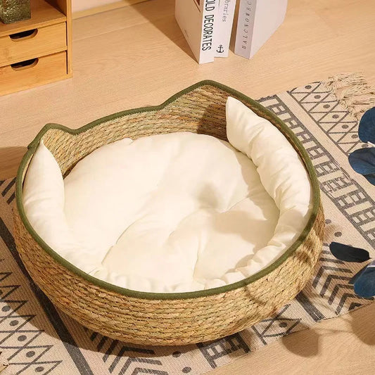 Handmade Straw Cat Bed Woven Natural Pet Nest with Cushion