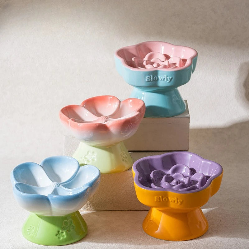 High Foot Ceramic Slow Feeder Bowl for Cats and Small Dogs